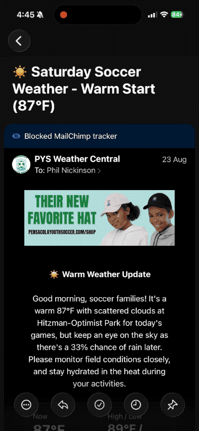 A scrolling gif of the full Weatherbot email.